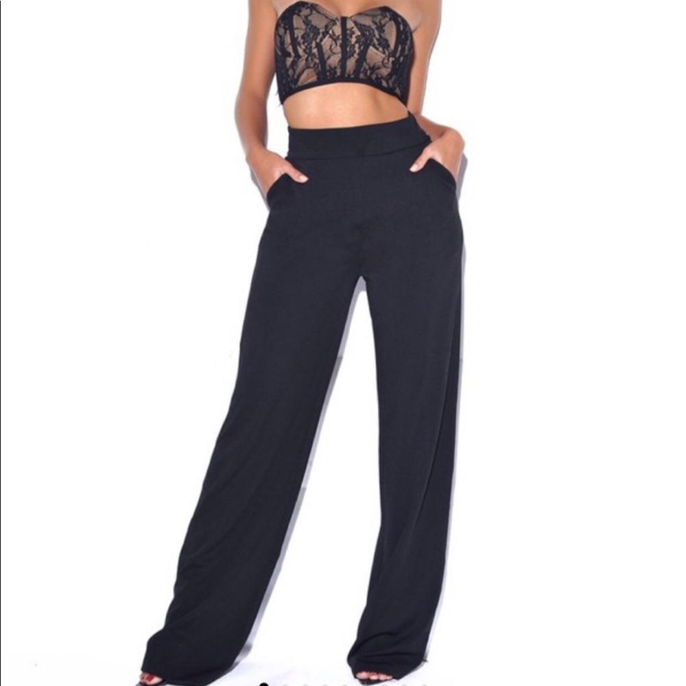 High waisted wide leg black trousers